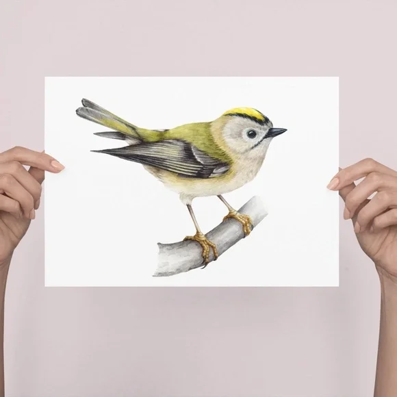 Yellow Crowned Kinglet Bird Wall Art Watercolor Illustration Print Unframed - Picture 2 of 5